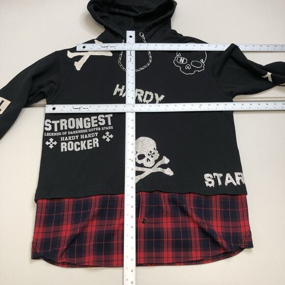 Hardy Hardy Men’s Black Skull Print Plaid Paneled Hoodie Small Rocker Peace - Picture 3 of 11